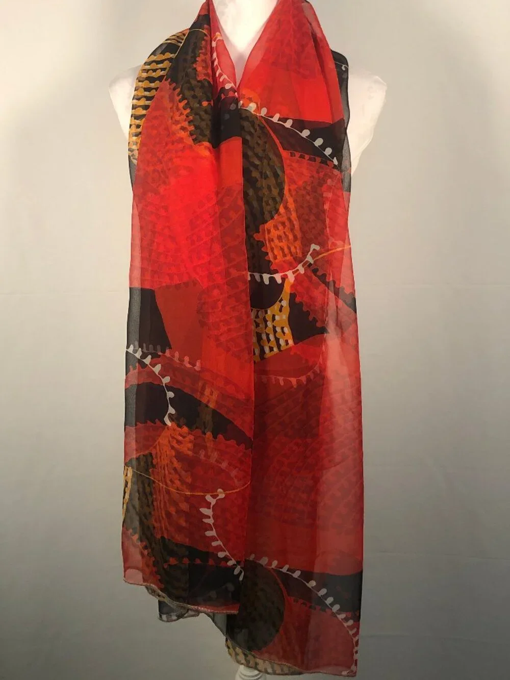 Vintage Fisher & Gentile Sheer Scarf – Red Black Gold Abstract Print | Statement